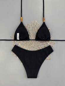 Swim Vcay 2026 Spring/Summer Textured White Halter Tie Side High-Cut Thong Bikini Swimwear 2 Pieces Set For Women Vacation - Black - View 5
