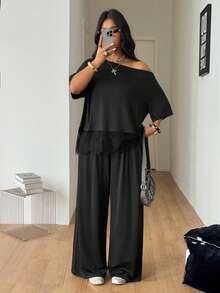 Coolane Plus Size Asymmetric Neck Lace Patchwork Top And Drawstring Waist Loose Pants 2-Piece Set - Black - View 3