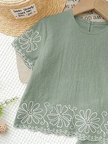 LMoss Kids 女童花卉刺繡短袖上衣與長褲休閒套裝 - 綠色 - 查看 5