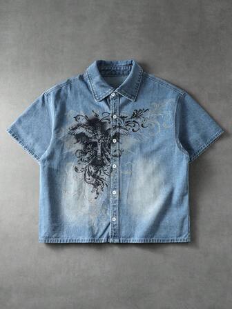 Men's Heavyweight Washed Printed Loose Casual Denim Short Sleeve Top