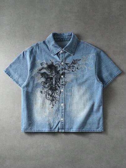 Herren Schweres gewaschenes bedrucktes lockeres lässiges Denim Kurzarm Top