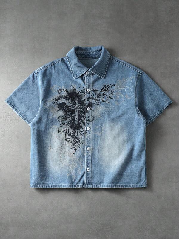 ROMWE MEN Men's Heavyweight Washed Printed Loose Casual Denim Short Sleeve Top