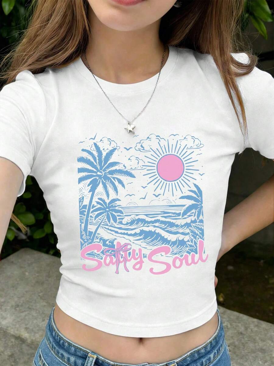 这款少女休闲、舒适、时尚、创意、清新、充满度假风情的“SALTY SOUL”字母印花修身短款圆领T恤,适合春夏日常穿着。 - 白色 - 查看 1