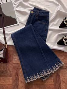 GlowEve Women's Elegant Loose Casual Straight Leg Pants With Contrast Color Embroidered Hem - Blue - View 5