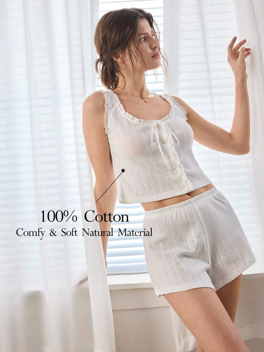 Ocili 棉質提花短褲 舒適柔軟 極簡短褲 舒適極簡居家服 Y2K 年輕女性睡衣套裝 - 白色 - 查看 1