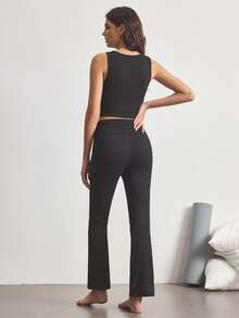 Ocili Women's Solid Color Minimalist Round Neck Tank Top And Pleated Long Pants Pajama Set - Black - View 3