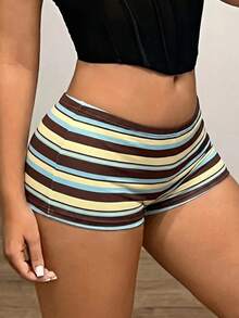 SHEIN ICON 女款夏季條紋彈性腰休閒百搭短褲 - 彩色 - 查看 6