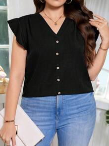 SHEIN Clasi Plus Size Women Summer Simple Solid Color Ruffle Button Decor Blouse - Black - View 4