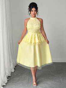 SHEIN Clasi Plus Size Women's Elegant Sleeveless Halter Neck 3D Floral Double Layer Mesh Dress, Summer Outings, Parties, Dates, Wedding Butter Yellow - Yellow - View 4