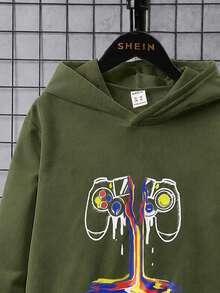 SHEIN 青少年男孩遊戲主機印花長袖休閒運動衫 - 軍綠色 - 查看 8