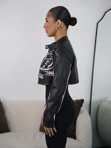 SAYEHFBABY Autumn And Winter Casual Street Motorcycle Style Round Neck Long-Sleeved Off-Shoulder Ultra-Cut Black Red PU Women's Jacket,Party Dresses For Pink - Pink - View 6