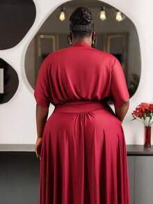 CurvyTilda Plus Size Comfortable Casual Elegant Vacation Minimalist Versatile Daily Wear Waist Ruched Stand Collar Elastic Flared Hem Dress For Women, Spring/Summer - Burgundy - View 2
