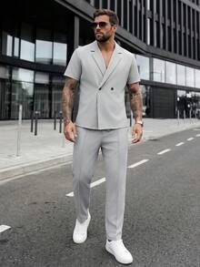 Manfinity CasualCool 男士休閒時尚正式翻領短袖襯衫套裝，外出必備，適合送給家人與男友的禮物 - 灰色 - 查看 5