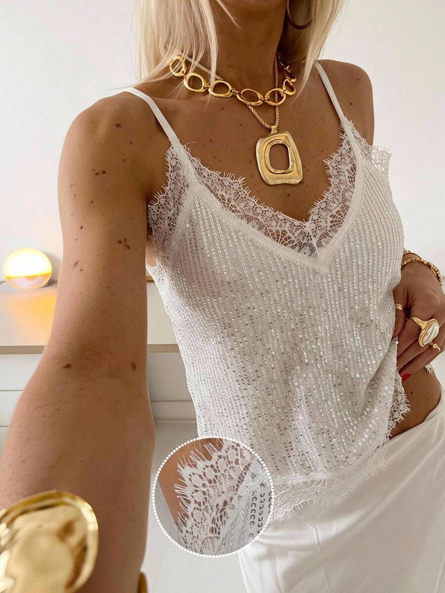 SHEIN EZwear 女款白色亮片細肩帶背心上衣,適合夜晚外出、夏季、優雅性感、婚禮、約會之夜 - 白色 - 查看 1