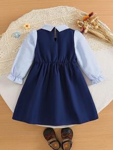 SHEIN 1件女童 2合1 藍白條紋拼接 海軍藍領泡泡袖長袖百褶 A字收腰傘裙，休閒復古學院風韓式時尚洋裝，適合春/秋日常穿著、旅行、度假、派對等場合 - 彩色 - 查看 3