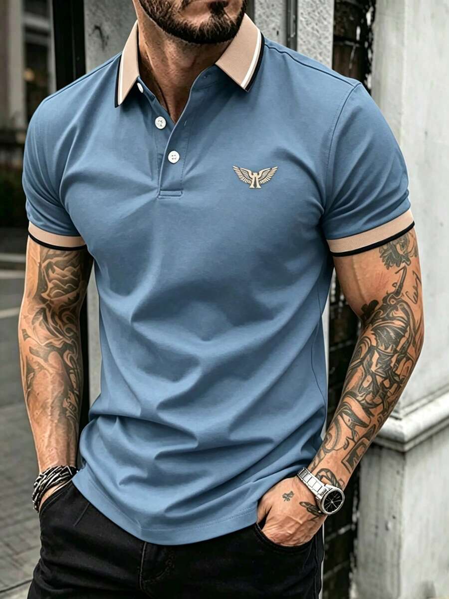 Manfinity Homme 男士條紋短袖休閒通勤 Polo 衫 - 孔雀藍 - 查看 1