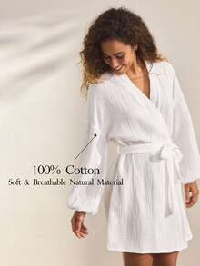 Ocili Leisure Pure Cotton Double Layer Crepe Fabric Minimalist Comfortable Neutral Soft Long Sleeve Robe Pajamas Women's Loungewear - White - View 1