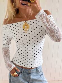 SHEIN EZwear 女款優雅小巧白色修身削肩上衣，對比蕾絲喇叭袖貼身上衣，透氣舒適，適合咖啡廳散步與日常雜事 - 白色 - 查看 3