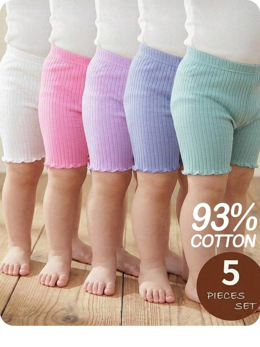 SHEIN 5件組女嬰休閒純色鬆緊腰針織短褲套裝 - 彩色 - 查看 1