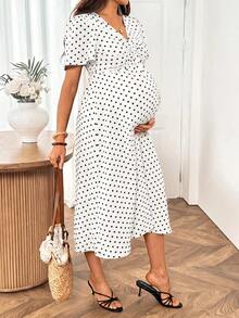 SHEIN Maternity V-Neck Pleated Polka Dot Casual Daily Wear Dress - White - View 7