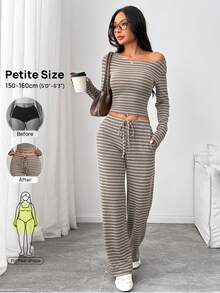 SHEIN PETITE Women's Striped Long Sleeve T-Shirt And Pants Casual 2 Pieces Set - Brown - View 9