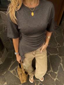 Siren Gaze Women's Solid Color Pleated Casual Versatile Daily Short Sleeve T-Shirt Brunch Dark Brown Summer - Brown - View 8