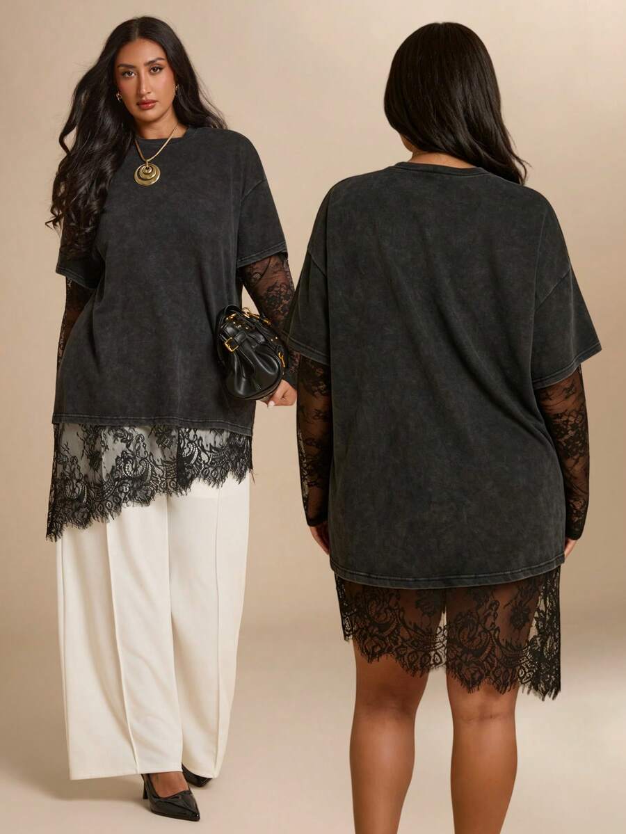 SHEIN BAE CURVE 大尺碼女款黑色鈕扣短袖上衣 - 黑色 - 查看 1