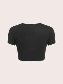 SHEIN ICON Letter Patched Detail Contrast Piping Crop Tee - Black - View 7