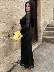 Vassilux V-Neck Flare Sleeve Front Tie Waist Flounce Flocked Apricot Bodycon Dress Black - Black - View 3
