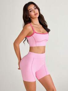 SHEIN Sovereign Charm Conjunto deportivo de mujer con top de tirantes corto de bloques de color y shorts - Multicolor - Ver 4