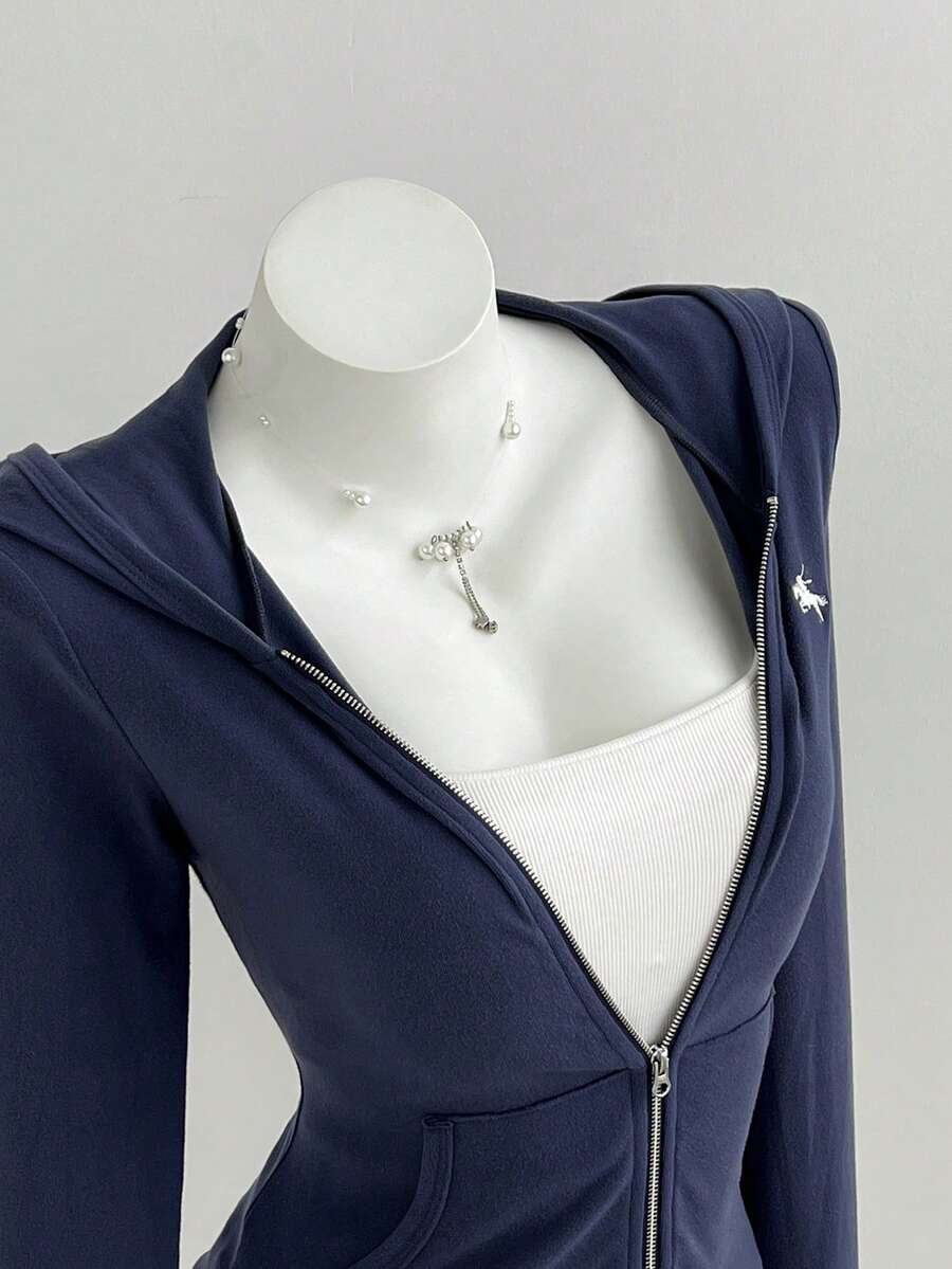 Elamini 女款連帽拉鍊刺繡修身長袖夾克,海軍藍,適合學校、旅行、秋季休閒穿著 - 藏蓝色 - 查看 1
