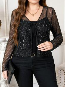 SHEIN Clasi Plus Size Fashion Glitter Sheer Lace-Up Jacket - Black - View 6