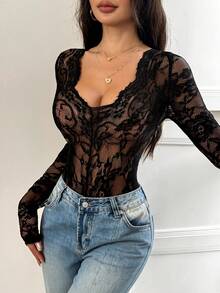 SHEIN Raffinéa Almamuse 女式 Y2k 极简主义性感可爱 V 领长袖披肩假 2 件黑色蕾丝嬉皮透明紧身衣，通勤友好，时尚百搭，适合所有季节，与校园女孩和街头风格专家的风格相同，波西米亚风女装 - 黑色 - 查看 4