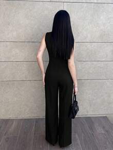 Hitanina 女款優雅黑色商務休閒辦公室夏季通勤對比飾邊背心與長褲套裝，教師穿搭，婚禮賓客禮服，老錢風 - 黑色 - 查看 2