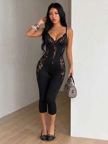 SHEIN ICON Women's Lace Patchwork Sexy Bandage Fitted Camisole Jumpsuit Club Night Out Black Summer Halloween - Black - View 6
