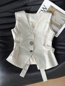 DAZY V-Neck Sleeveless Fitted Beige Linen Fabric Button Decor Waist-Cinching Women's Vest Summer - Khaki - View 4