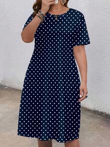 EMERY ROSE Plus Size Fashion Polka Dot Print Pocket Round Neck Short Sleeve Dress - Navy Blue - View 5