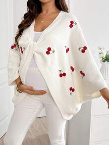SHEIN 孕婦秋冬休閒櫻桃刺繡蝙蝠袖毛衣 - 白色 - 查看 5