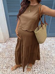 Boho Mama 孕婦度假休閒純色背心與裙子兩件套 - 棕色 - 查看 5