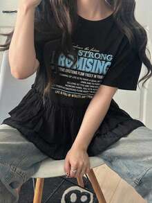 Dazy Plus Round Neck Contrast Color Letter Print Pattern Sleeve Patchwork Chiffon Hem Casual Versatile Black T-Shirt For Girls - Black - View 1