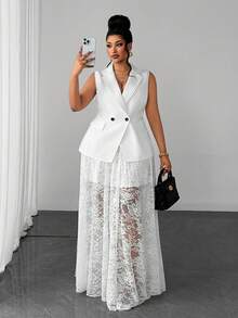 Maweii Plus Size Luxury White Sleeveless Blazer Vest Lace Skirt 2 Pieces Set Wedding Brunch Graduation Business Office Summer Casual Elegant - White - View 1