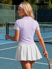CourtClass 女款純色短袖 Polo 衫－半拉鍊拼接運動上衣，適合網球、高爾夫訓練、跑步與健身活動 - 紫色 - 查看 2