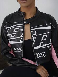 SAYEHFBABY Autumn And Winter Casual Street Motorcycle Style Round Neck Long-Sleeved Off-Shoulder Ultra-Cut Black Red PU Women's Jacket,Party Dresses For Pink - Pink - View 3
