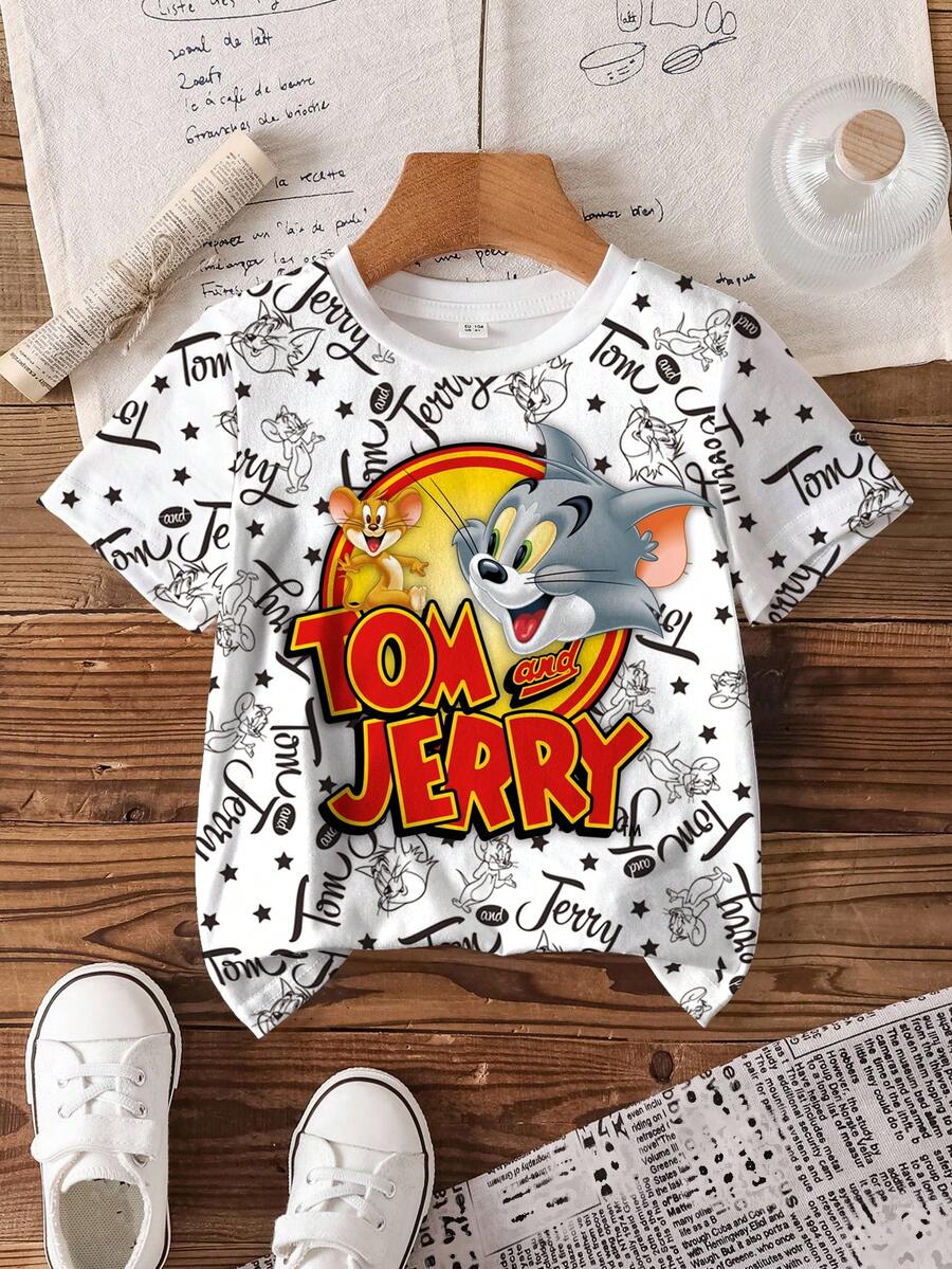 TOM & JERRY X SHEIN 小男孩卡通印花休閒日常短袖T恤 - 白色 - 查看 1