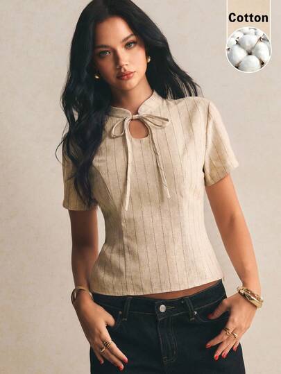 Poéselle Women Minimalist Cotton Linen-Look Striped Tie Short Sleeve Shirt, Casual Daily Commute Outfit, Versatile Staple For Back To School