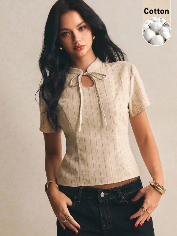 Poéselle Camisa casual de manga corta con rayas y nudo delantero minimalista para mujer