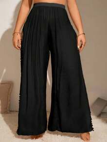 Swim Lushoire Plus Size Solid Color Side Slit Beach Cover Up Pants Summer - Black - View 3
