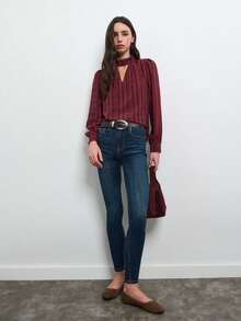 Nöista Burgundy Plaid Blouse With Mock Neck, Keyhole Detail And Long Sleeves. Elegant Design For Office Wear, Day-To-Night Outfits - Burgundy - View 3