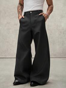 PAVTROS Men's Black Long Pants, Loose Fit Flared Leg Trousers, Fashion Versatile Pants - Black - View 4