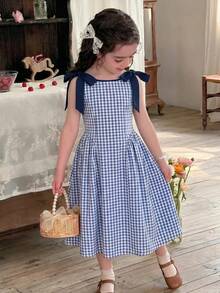 SHEIN LMoss Kids 女童休閒優雅時尚日常百搭紅白格紋圓領可拆式蝴蝶結無袖洋裝 - 藍色 - 查看 1